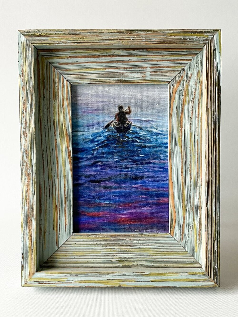 Vintage Original Oil Painting Solo Canoeist Signed Framed